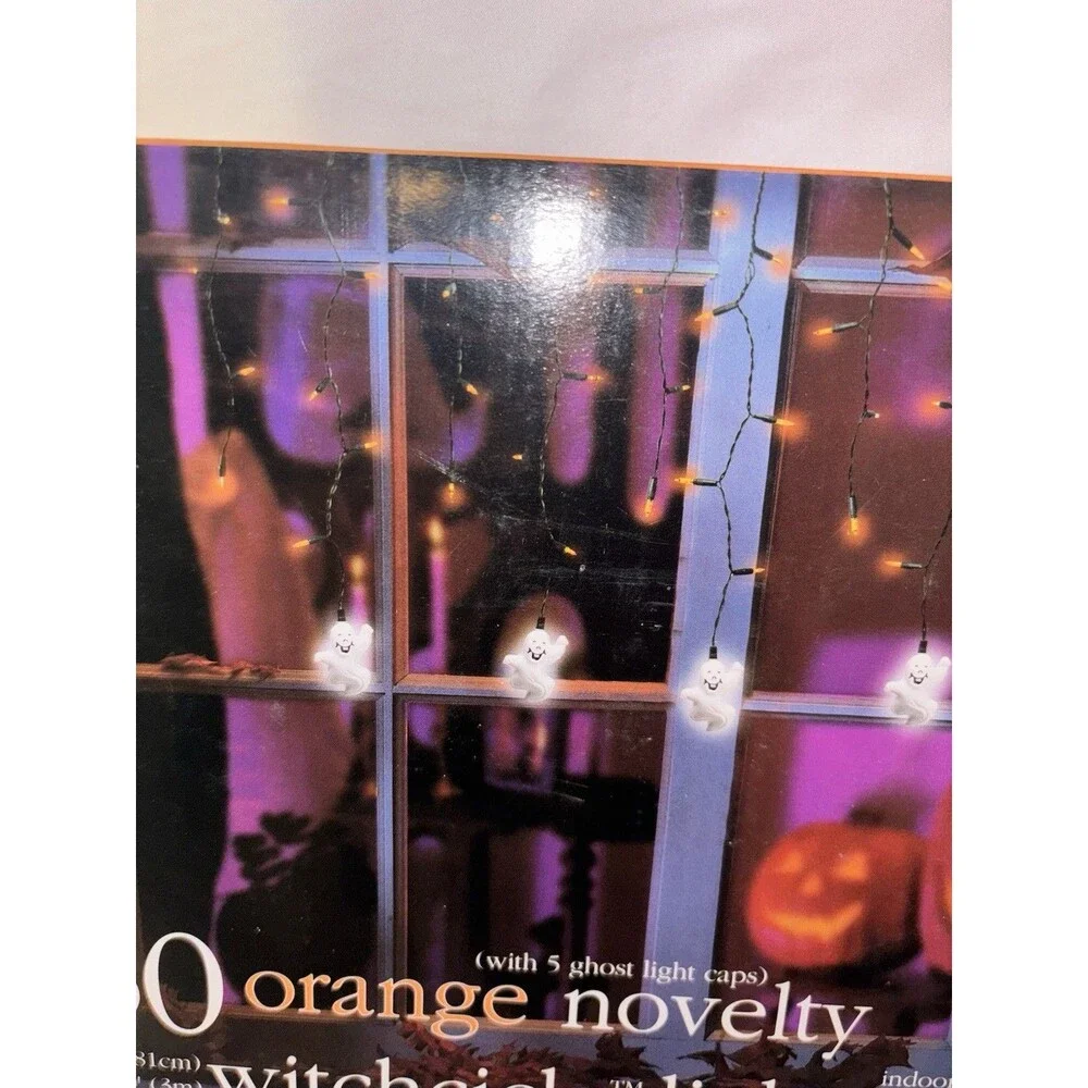 Witchcicle Ghost Halloween String Lights 50 Orange Black Cord Plug-In